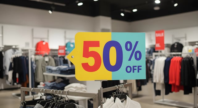 Discount, Eye-catching sale sign with 50 OFF in a stylish fashion boutique. photo