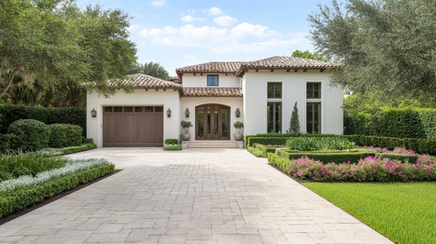 Luxurious Mediterranean style estate with lush landscaping and elegant architecture photo