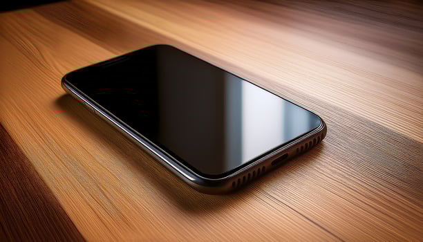 Generated image.Sleek black smartphone resting on a textured wooden surface with warm, soft lighting photo