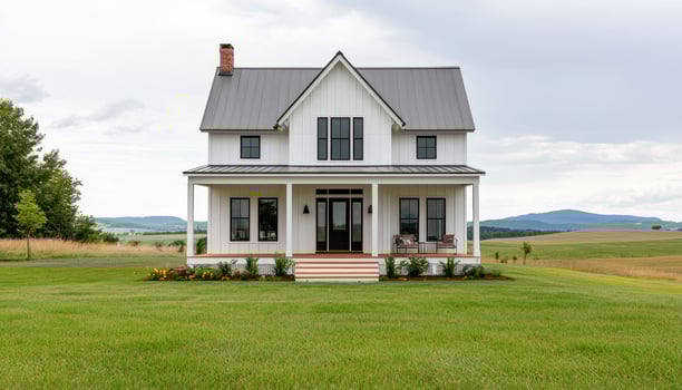 Charming Modern Farmhouse Exterior Scenic Countryside High-Quality Image Open Background Copyspace photo