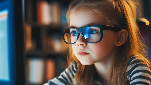 A student girl learns online using futuristic technology. . photo
