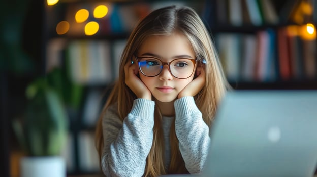 A student girl learns online using futuristic technology at her home. photo
