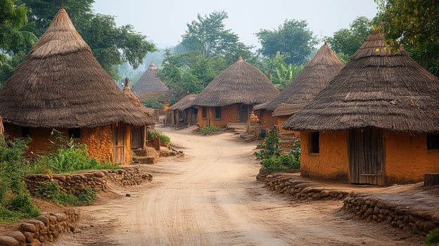 Traditional African village with thatched huts and dirt pathway surrounded by lush greenery. photo