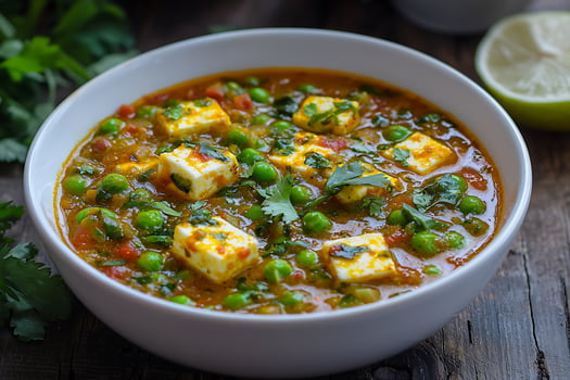 A bowl of vegetable curry with tofu and peas photo