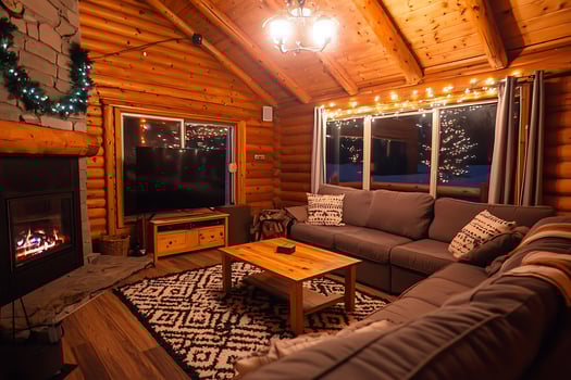 A cozy living room with a fireplace and a couch photo