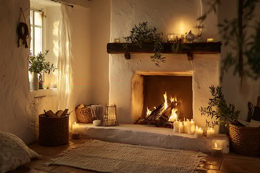 A fireplace with candles lit in a room photo