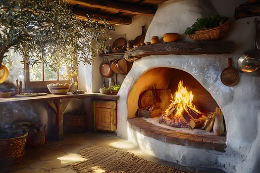 A kitchen with a fireplace and a table photo