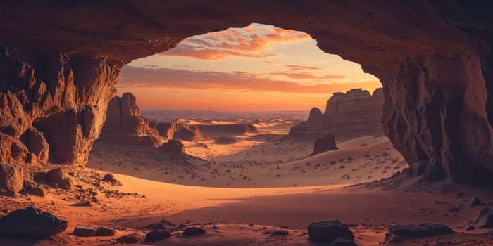 A cave in the desert with a sunset in the background photo