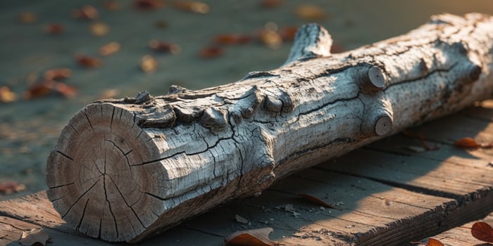 A log laying on the ground next to leaves photo