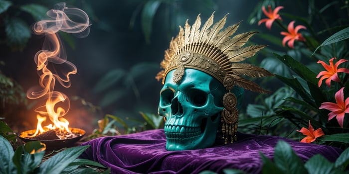 Ornate Teal Skull with Gold Headdress on Purple Cloth near Burning Offering in Lush Jungle Setting photo