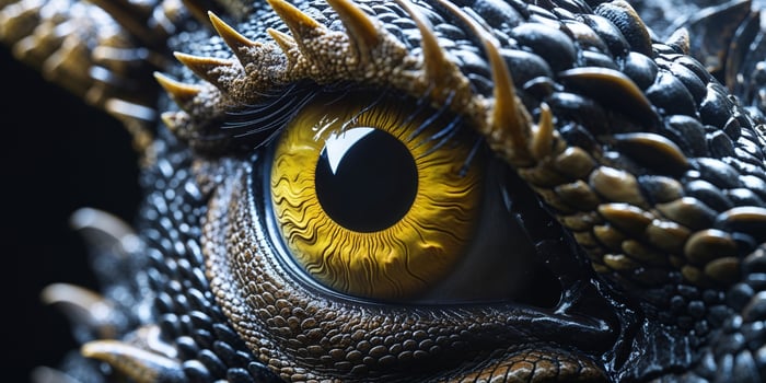 Close up of a dragon eye with a yellow iris. photo