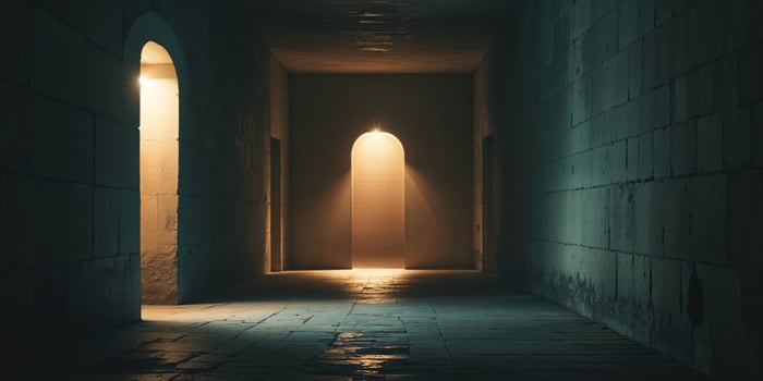 Mysterious Dark Corridor Illuminated by Three Lights. photo