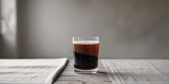 Glass of dark beverage with bubbles on a simple table setting in a studio photo