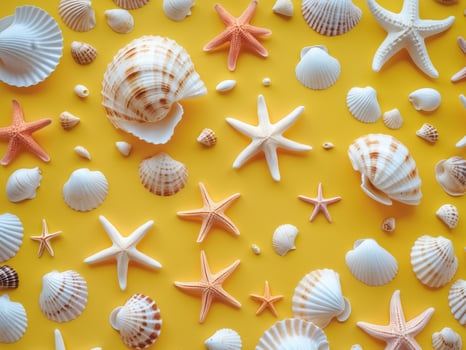 Sea shells on yellow background photo