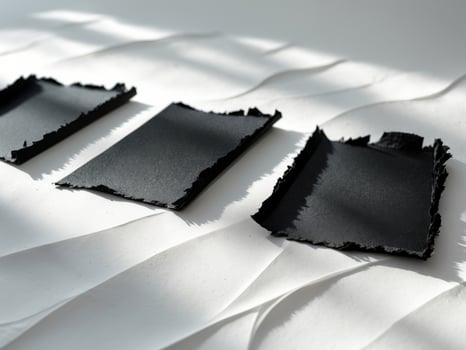Three black papers with torn edges on a clean white surface photo