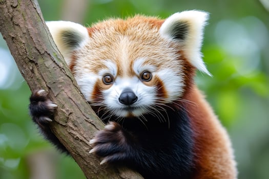 Adorable red panda clinging to a tree branch in the forest photo