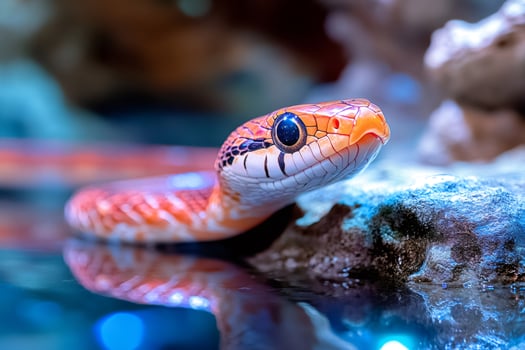 Beautiful orange snake resting near water surface photo