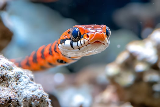 Red and black snake swimming underwater near rocks photo