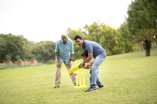 Grandchild Enjoying Playing Cricket With Father And Grandfather photo