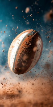 Dynamic Rugby Ball in Motion Captured in Mid Air with Dust and Dirt, photo