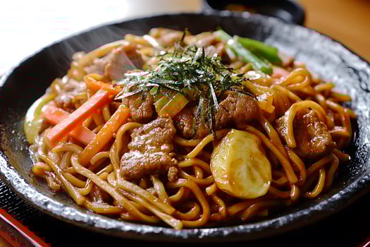 Delicious Beef Yakisoba Noodles with Vegetables, Steaming Hot on a Black Plate. photo