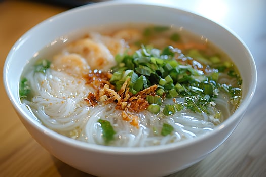 Delicious Asian Noodle Soup in a White Bowl. A close-up shot of a flavorful bowl of noodles, garnished with fresh herbs and crispy toppings. photo