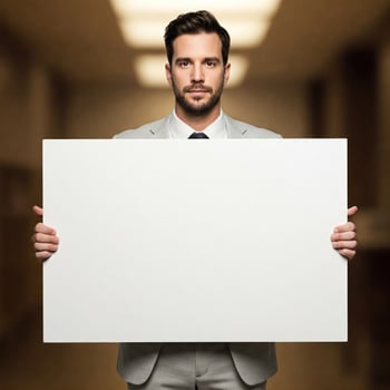 Businessman Holding Blank Sign in Office photo