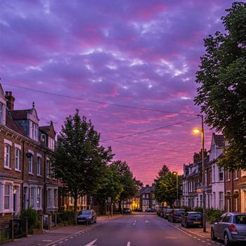Twilight street scene, English houses photo