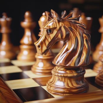 Chess pieces ready for a match with a detailed wooden knight photo