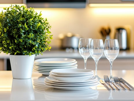 Elegant dining setup with tableware and glassware in modern kitchen photo