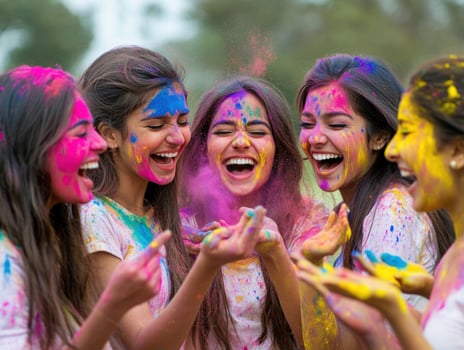 Friends celebrate colorful festival in joyful outdoor setting photo