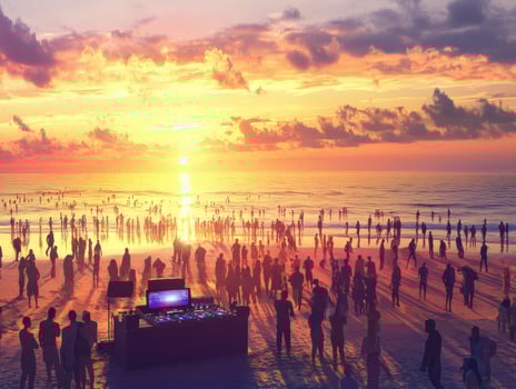 Sunset beach party with DJ and lively crowd at seaside photo