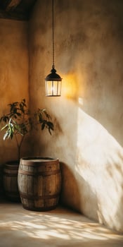 Rustic interior with vintage lantern and barrel in warm sunlight creating a cozy atmosphere, photo