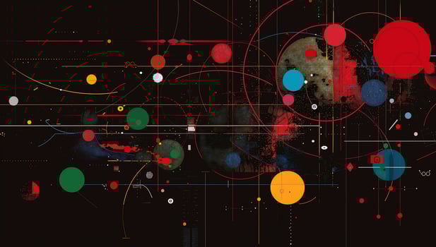 Abstract graphic design with vibrant circles and lines on a dark background. Intricate, colorful, and dynamic composition photo