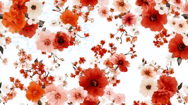 Vibrant floral print, rich reds and pinks, delicate blooms on white background photo
