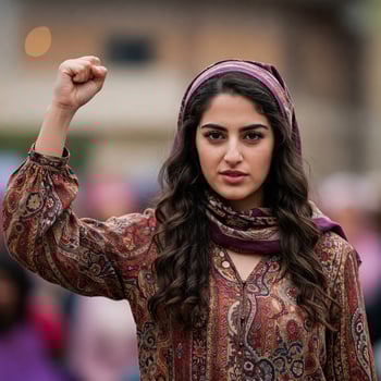 Muslim middle eastern woman with raised fist of empowerment, strength and women solidarity, International Womens Day concept photo