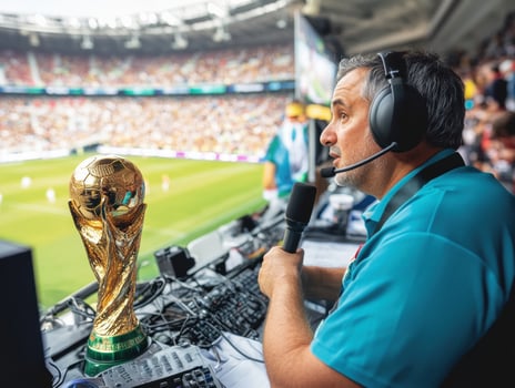 Sports commentator reporting live at a major football tournament photo