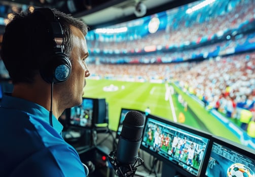 Sports commentator analyzing live soccer match during championship photo