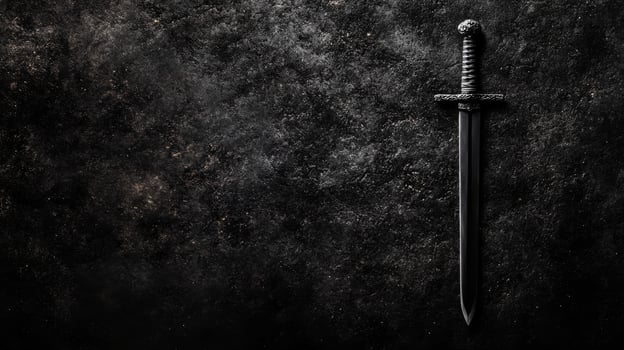 Ancient Sword with Ornate Hilt on a Dark Weathered Stone Surface photo