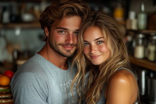 a couple sharing a spontaneous hug in the kitchen while preparing breakfast, bright natural light and cozy home decor photo