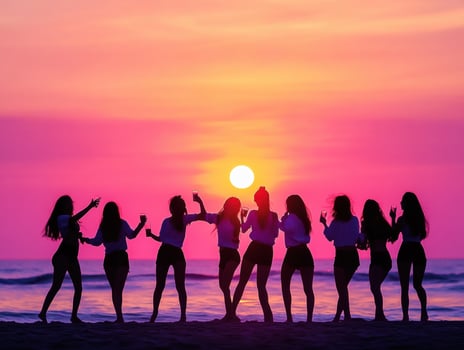 Friends enjoying a sunset beach gathering with drinks in hand photo