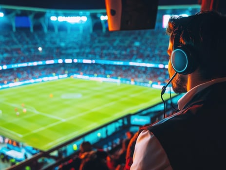 Man wearing headphones observing soccer match at stadium photo