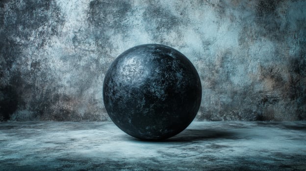 Large Black Sphere on Textured Gray Blue Surface with Mottled Background photo