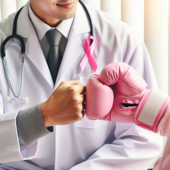 A breast Cancer patient with a pink boxing glove doing a fist bump with a doctor photo