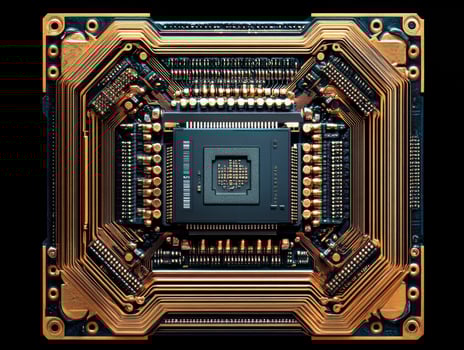Detailed view of a complex microchip with intricate circuitry photo