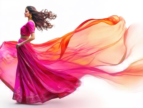 Woman in vibrant pink dress swirling in flowing fabric outdoors photo