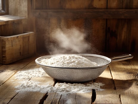 Flour sifting in a rustic kitchen with warm light photo