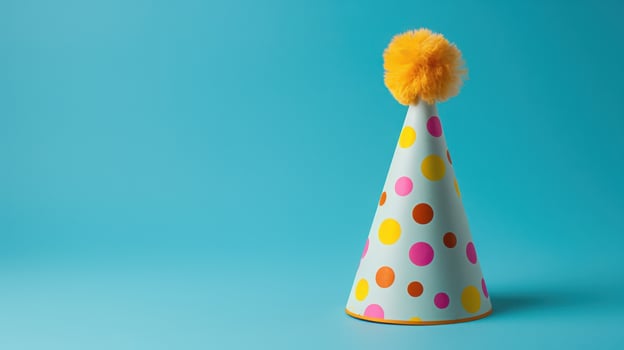 A party hat with colorful polka dots on a blue background photo