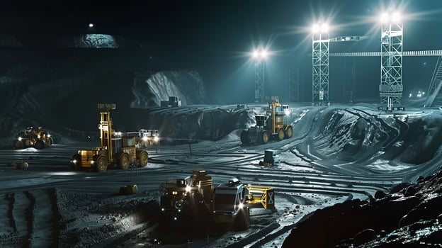 This Excavation in a lunar landscape is extracting regolith with ongoing equipment operations. photo