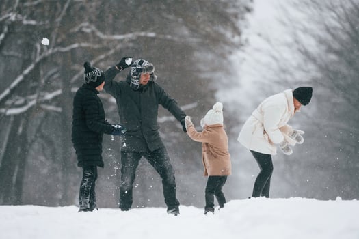 Playing ,snowballs.. Happy family is outdoors, enjoying snow time at winter together photo